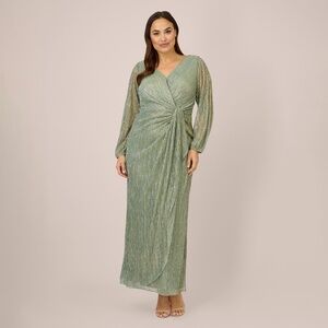 Adrianna Papell Plus Size Metallic Crinkled Mesh Draped Long Gown In Green Slate